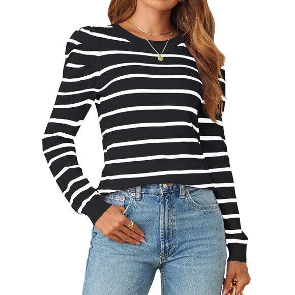Womens Medium Long Puff Sleeve Crew Neck Shirt - Picture 1 of 5